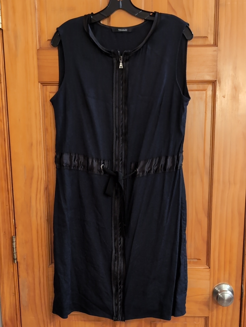 Tahari Navy Sleeveless Zip-Front Midi Dress with Waist Tie